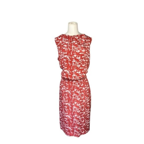 St. John Silk Blend Patina Bow Neck Sleeveless Dress $995 red white size 12 - Picture 1 of 4